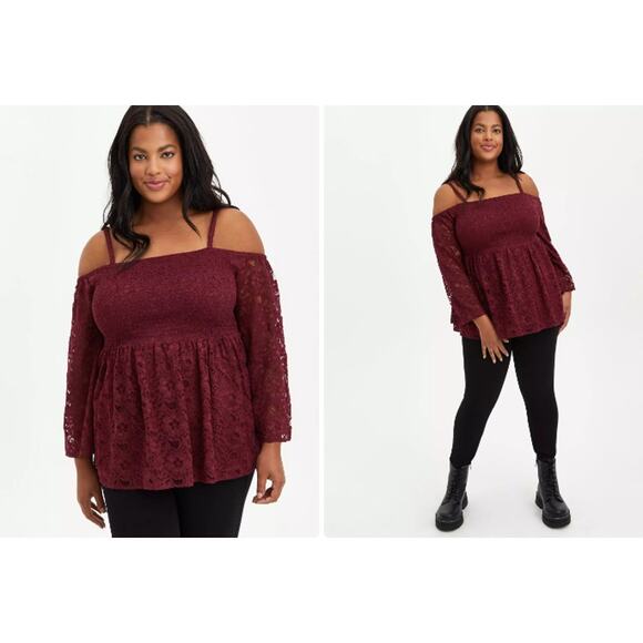 Torrid Burgundy Babydoll Lace Smocked Cold Shoulder Top Size 2 Plus Size - Picture 1 of 9